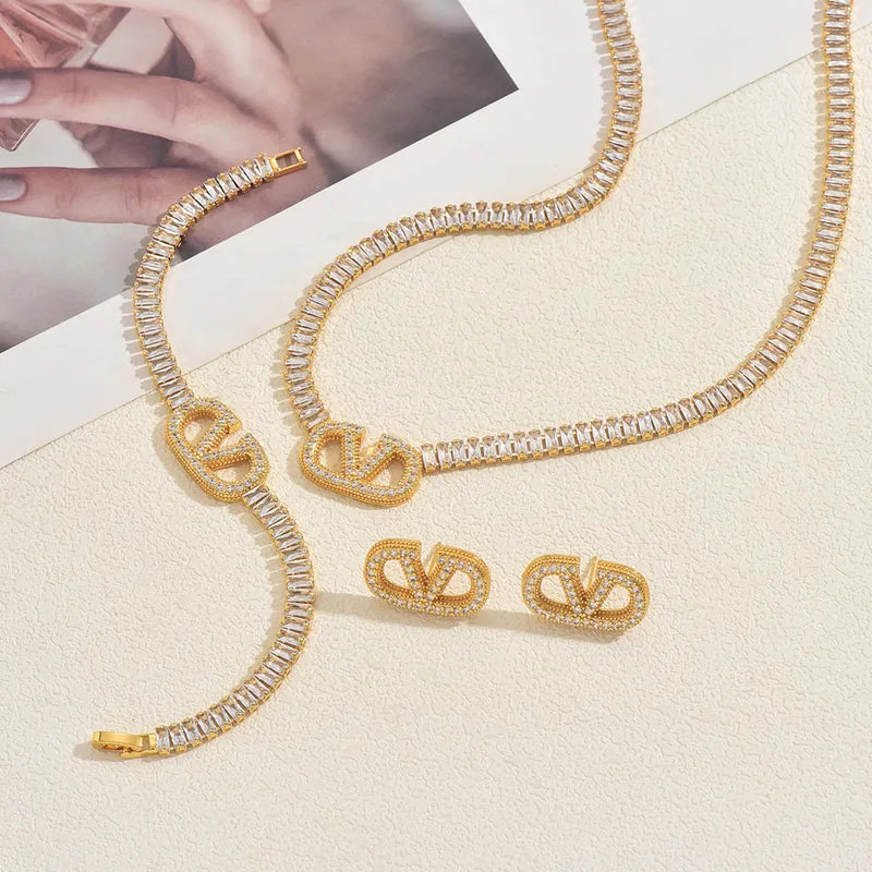 Elegant Necklace, Earrings and Bracelet. 18K Real Gold Plated